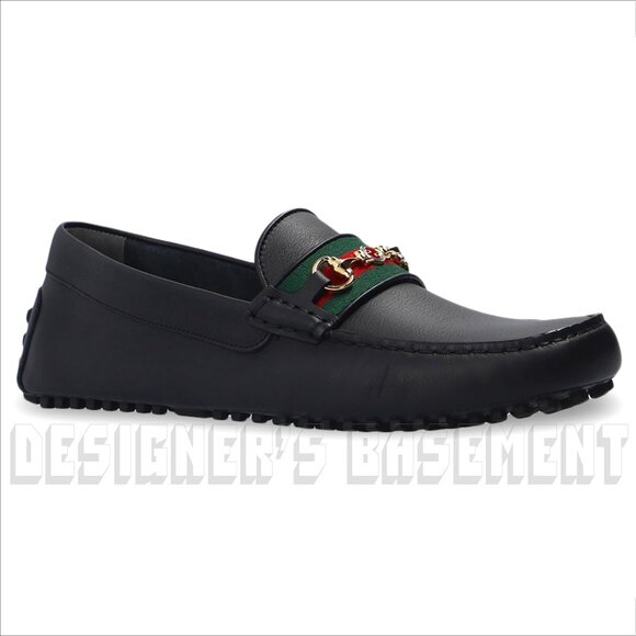 GUCCI mens 12.5 black AYRTON leather Horsebit DOUBLE G WEB Driver Moccasin shoes - Picture 5 of 12